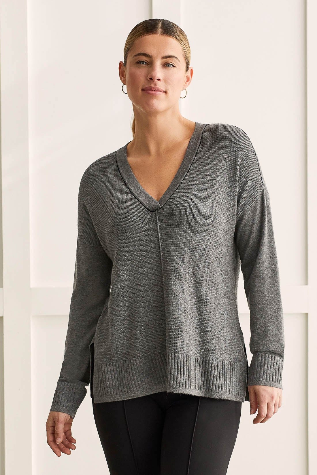 V-Neck Sweater w/Side Slits - TWO COLORS AVAILABLE