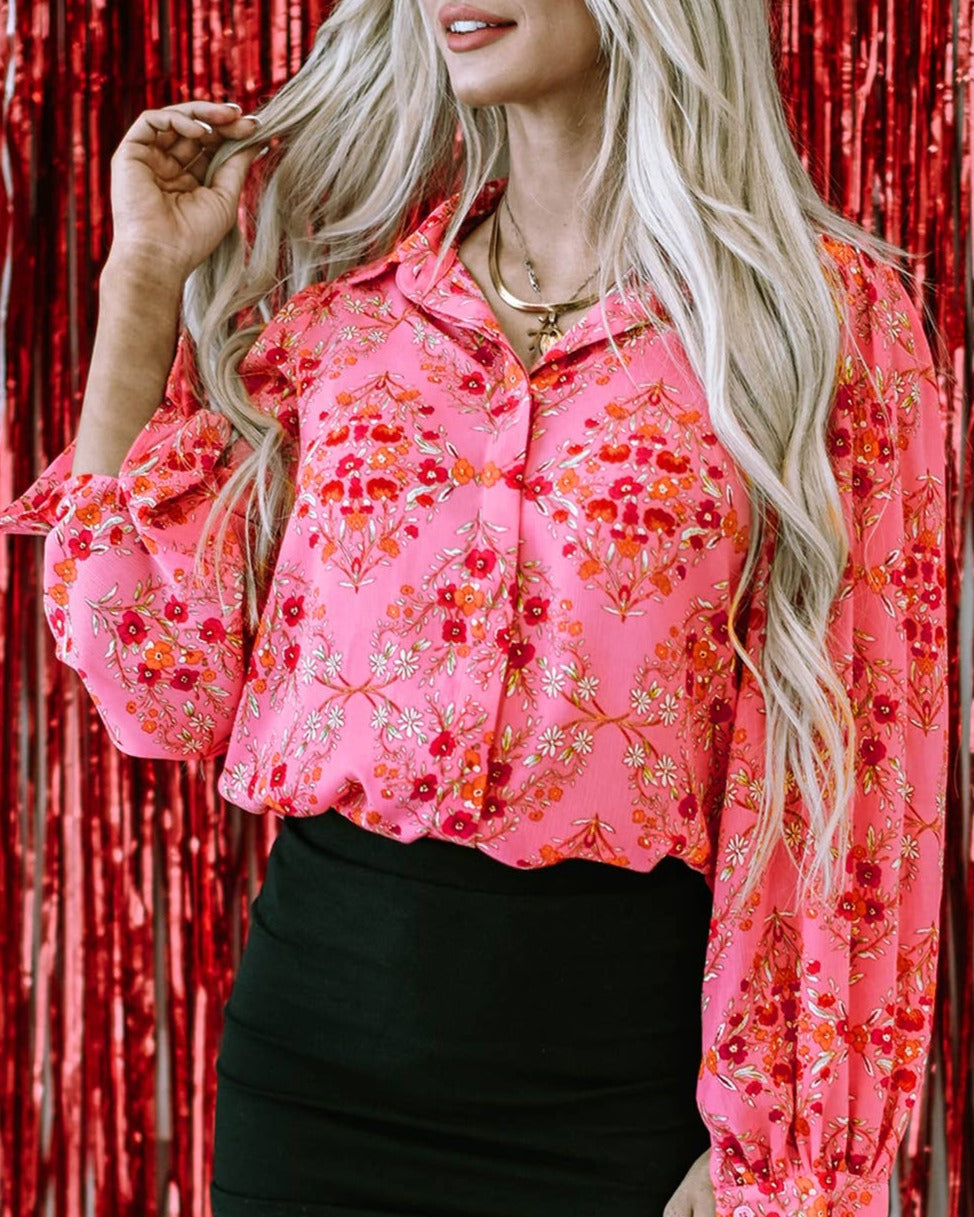 Strawberry Pink Floral Puff Sleeve - FINAL SALE