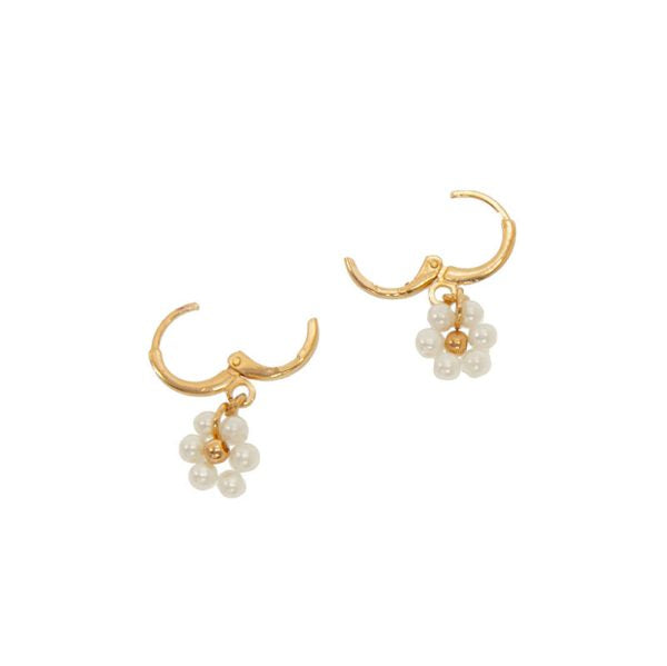 Gold Pearl Daisy Huggie Hoop Earrings