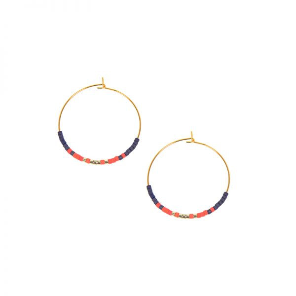 Gold Endless Hoop w/Blue Bead Earrings