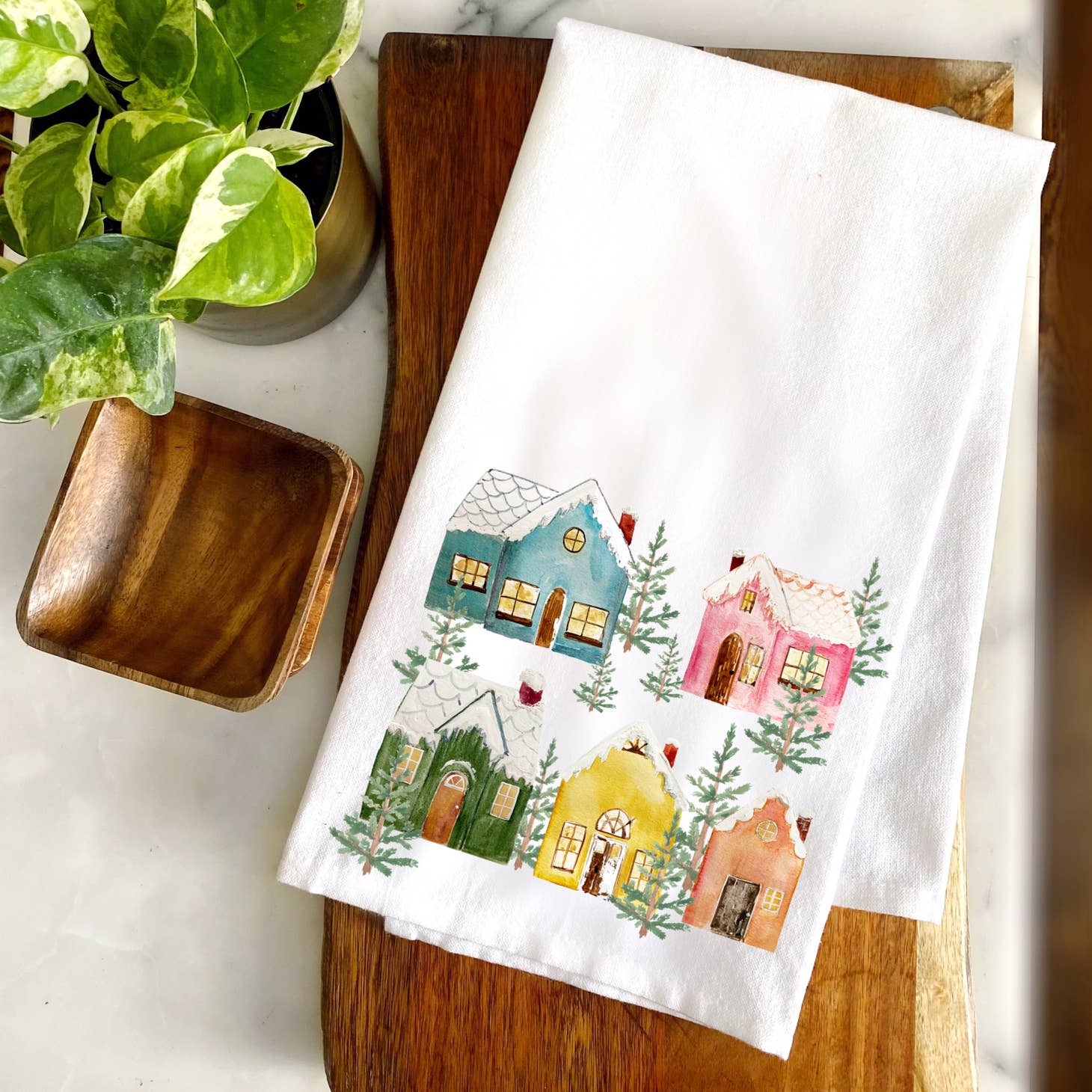 Colorful Winter Cottages Cotton Tea Towel