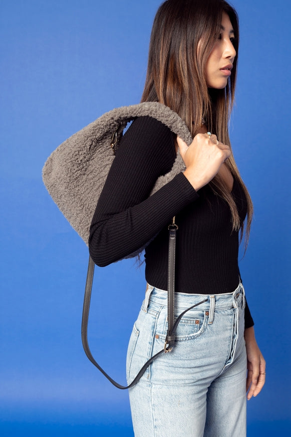 Gabrielle Grey Sherpa Shoulder Bag w/ Strap - FINAL SALE