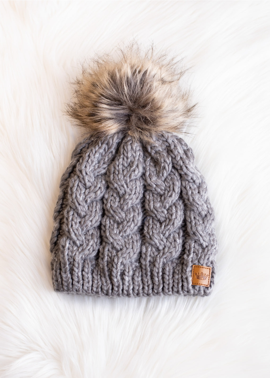 Grey Cable Knit Pom Hat