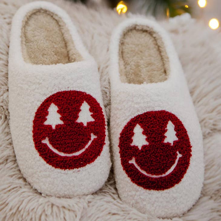 Red Christmas Tree Eyes - Happy Face Slippers