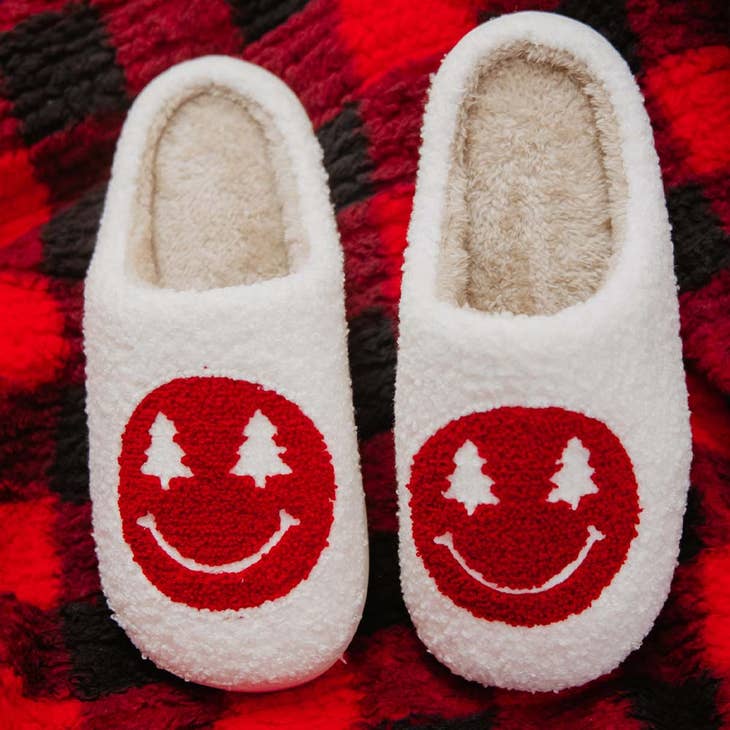 Red Christmas Tree Eyes - Happy Face Slippers
