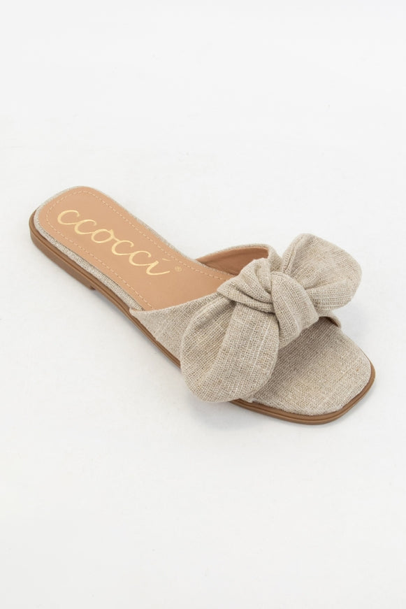 Natural-Silver Round Knotted Bow Slip-On Sandal