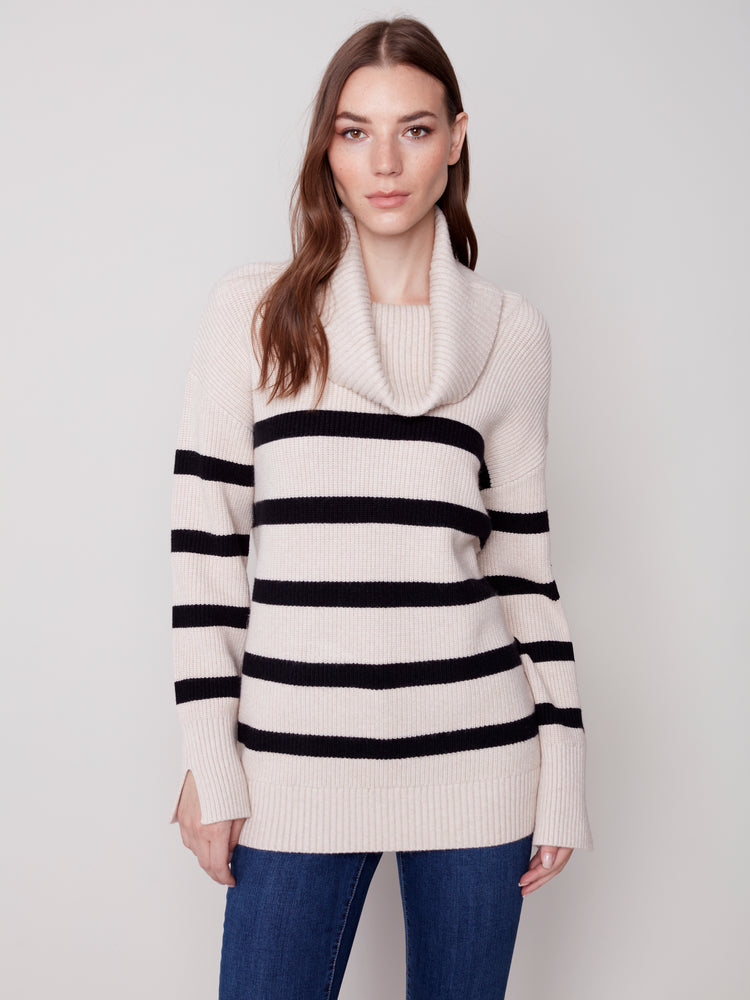 Heather Almond Stripe Cowl Neck Sweater