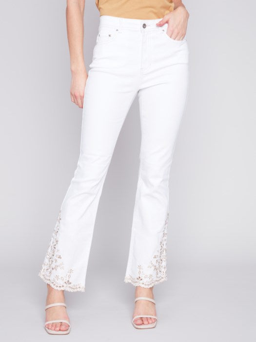 White Embroidered Bootcut Pant - FINAL SALE