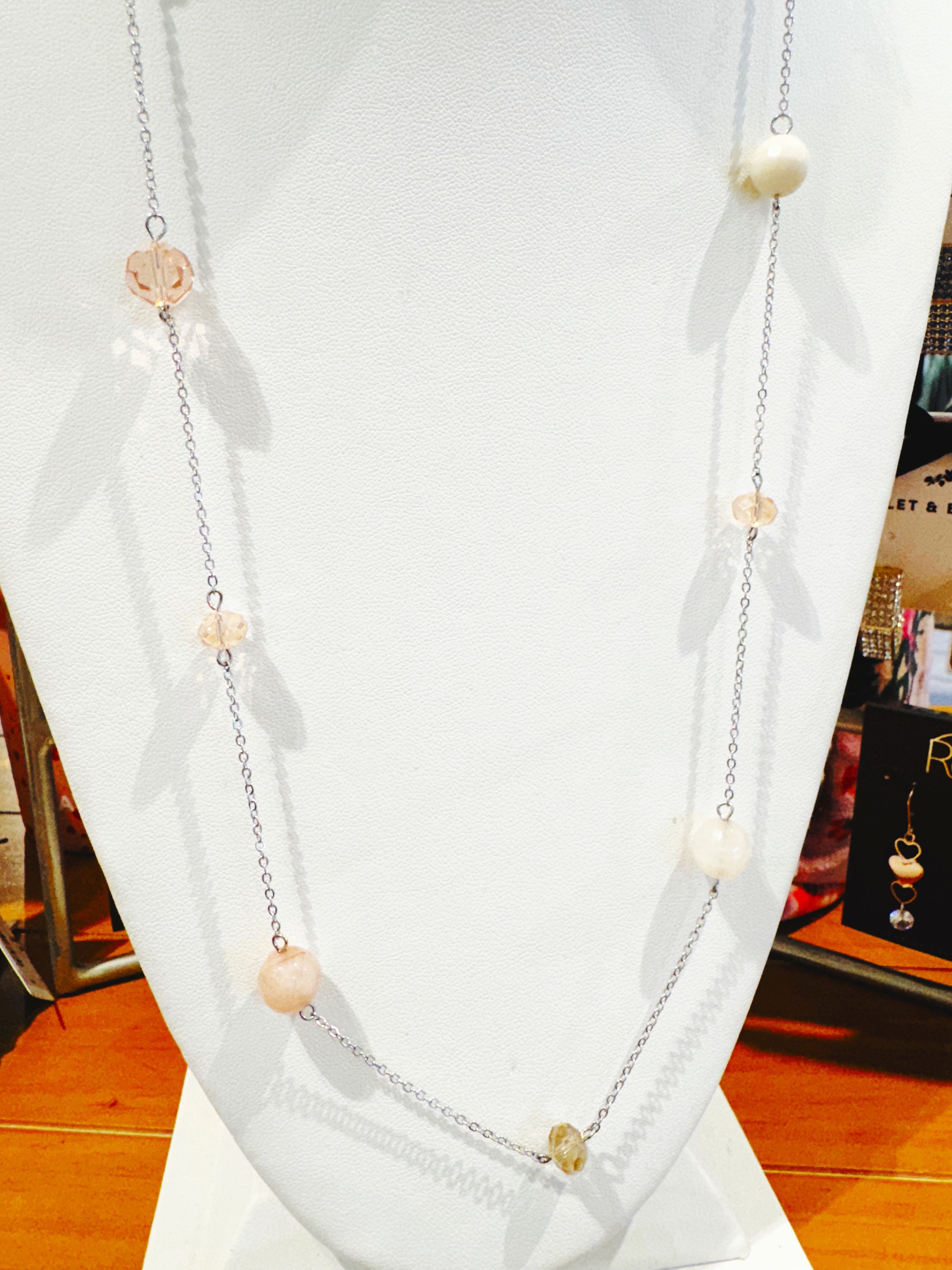 Silver Chain w/Pink Tone Beads Necklace