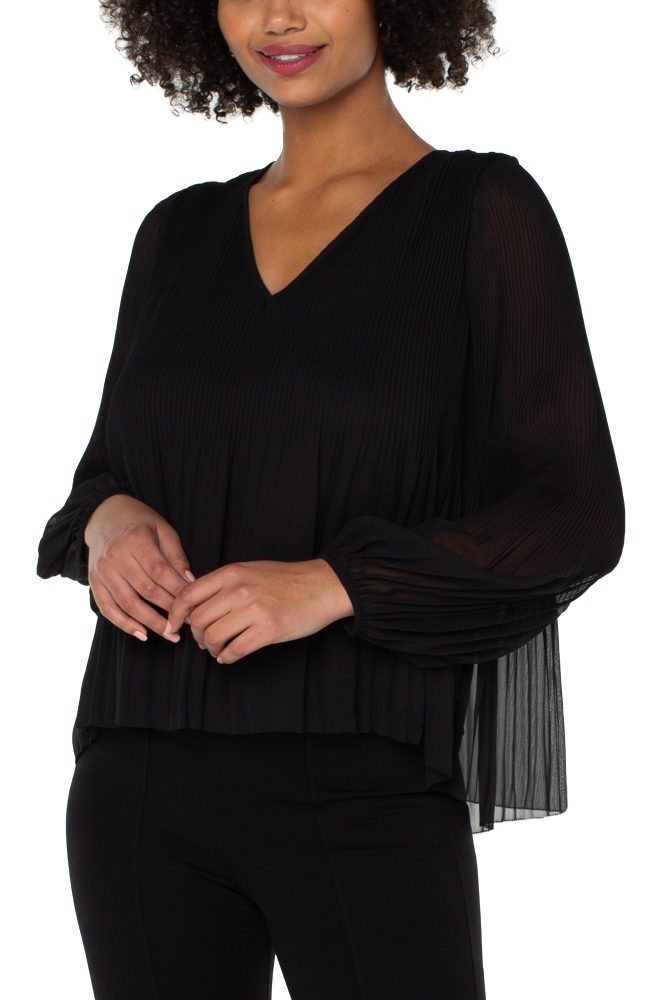 V-Neck Long Sleeve Pleated Top