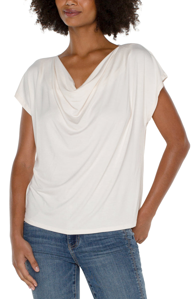 French Cream Short Sleeve Draped Cowl Neck Knit Top