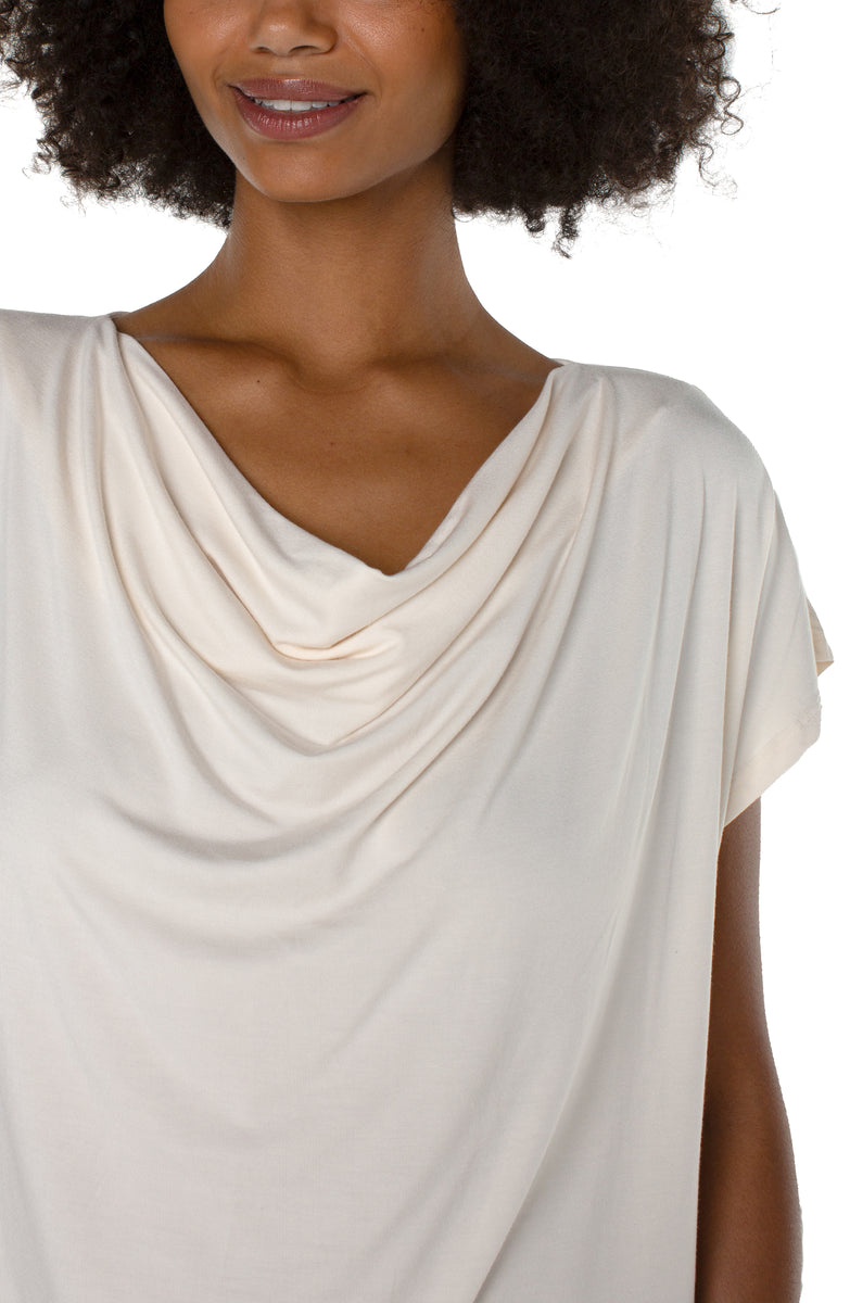 French Cream Short Sleeve Draped Cowl Neck Knit Top