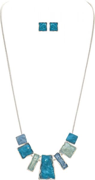 Silver Blue Enamel Squares Necklace Set