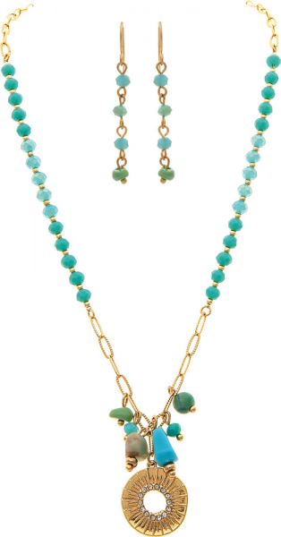 Gold Blue Bead Charm Drop Necklace