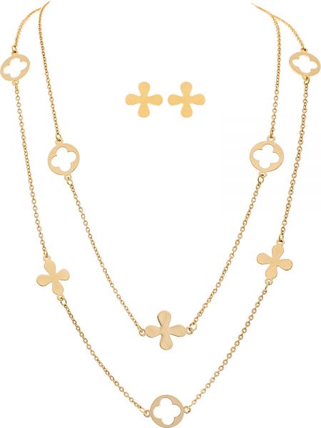 Gold Brass Flower Clover Necklace Set