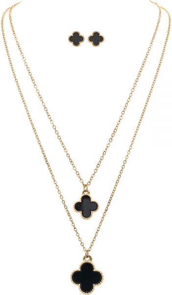 Gold Black Layered Clover Necklace Set