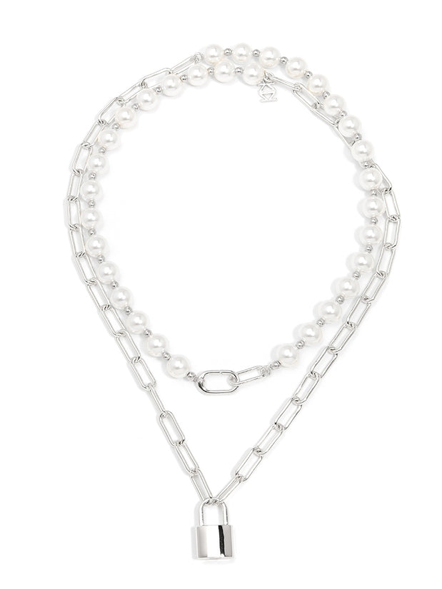 Pearl & Silver Link Gold Lock Necklace