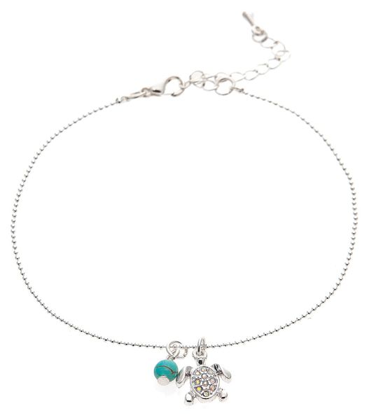 Silver Turtle Turquoise Bead Anklet