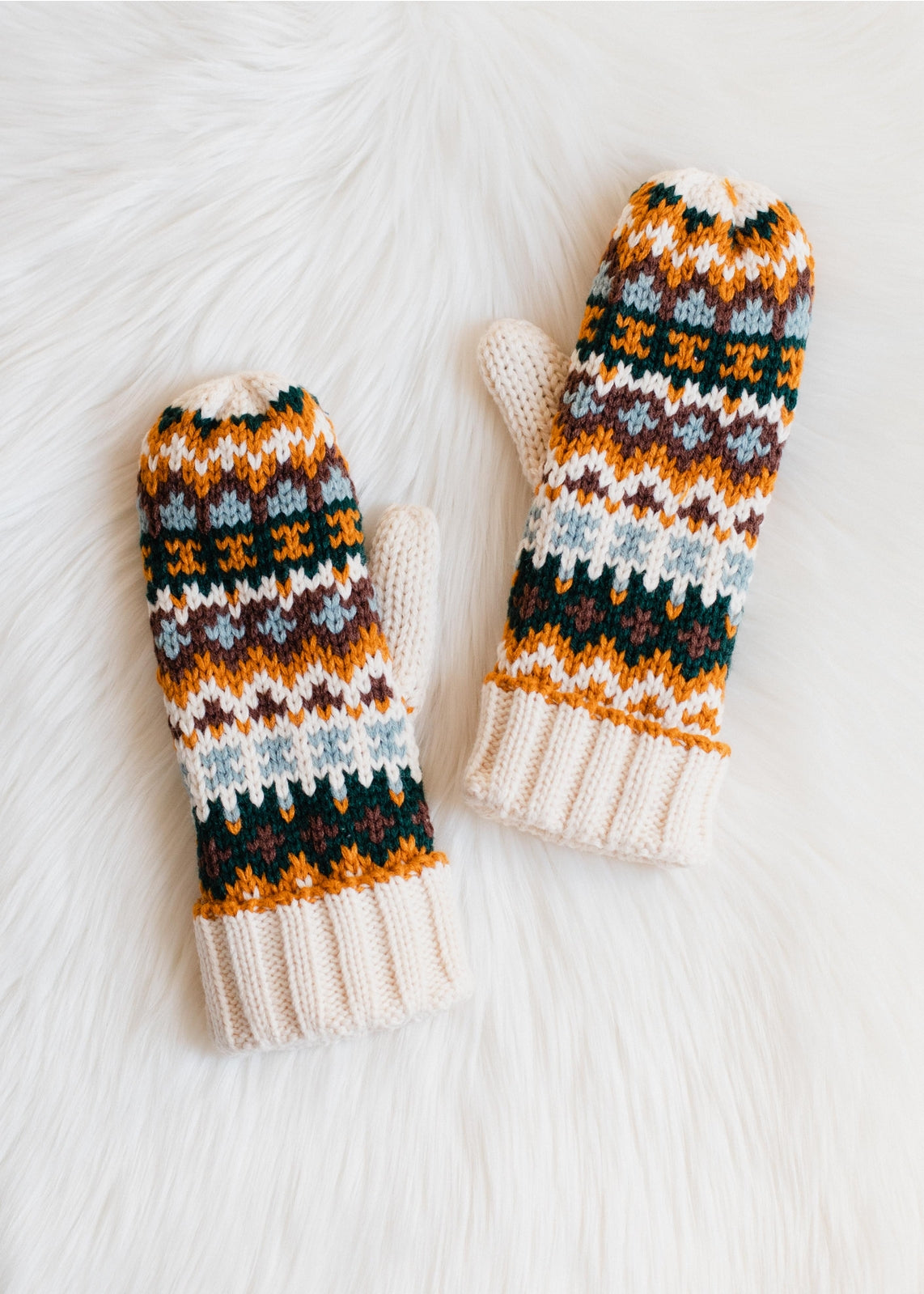 Cream & Multicolored Patterned Mittens