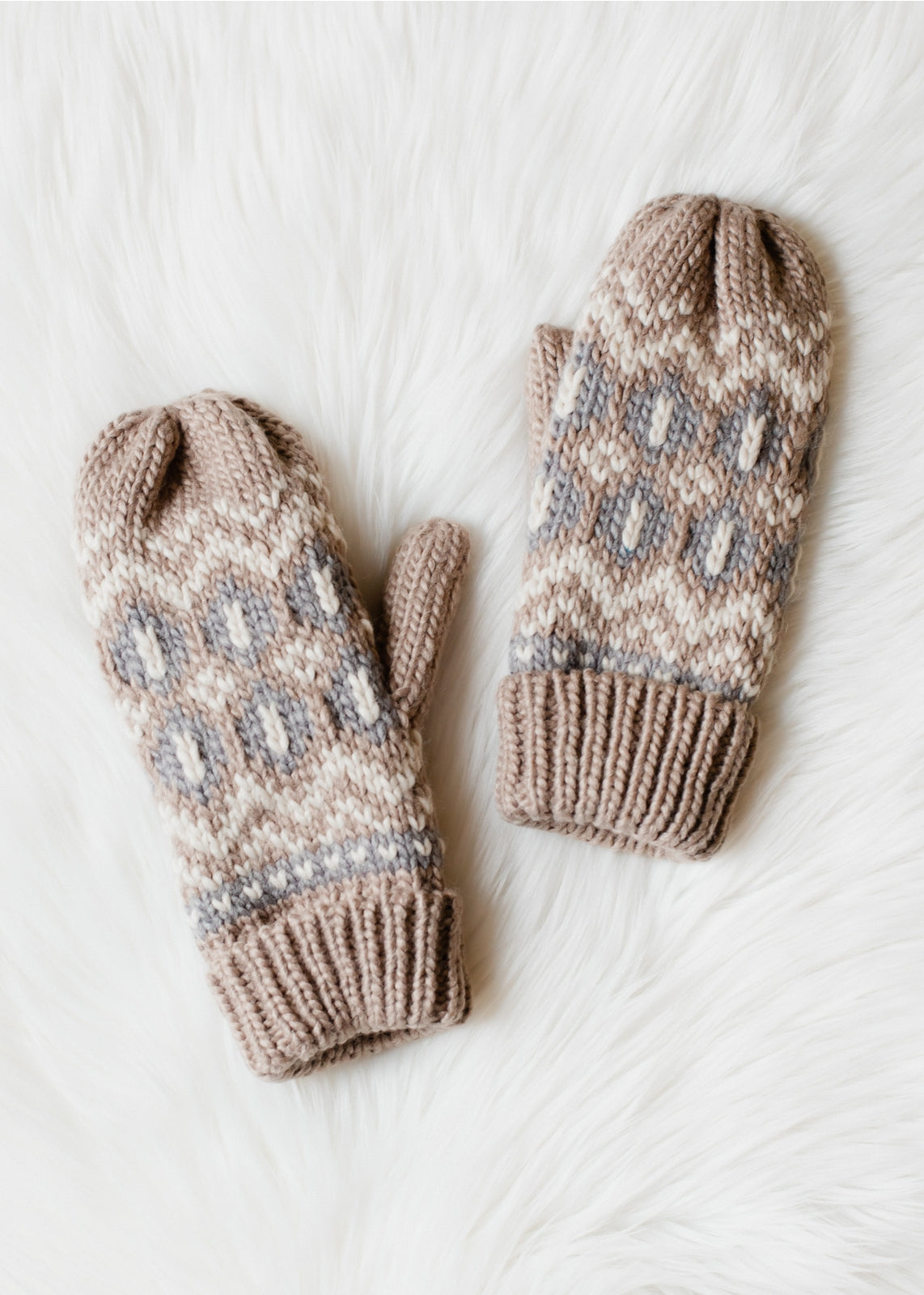 Taupe, Beige & Gray Patterned Knit Mittens