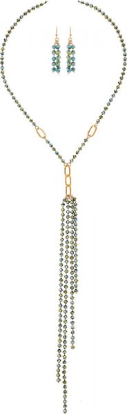 Gold Green Glass Sparkle Bead Y Shape Necklace Set