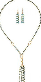 Gold Green Glass Sparkle Bead Y Shape Necklace Set