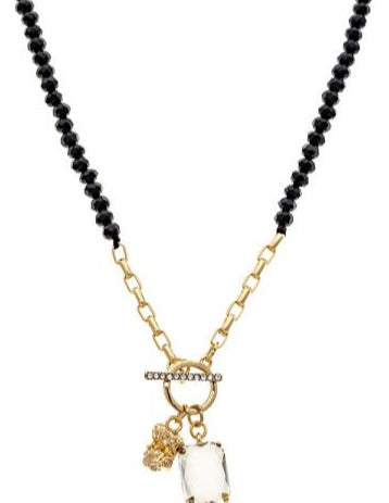 Gold Black Bead Quartz Pendant Necklace Set
