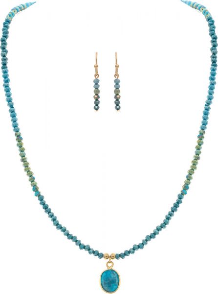 Gold Blue Bead Stone Drop Necklace Set