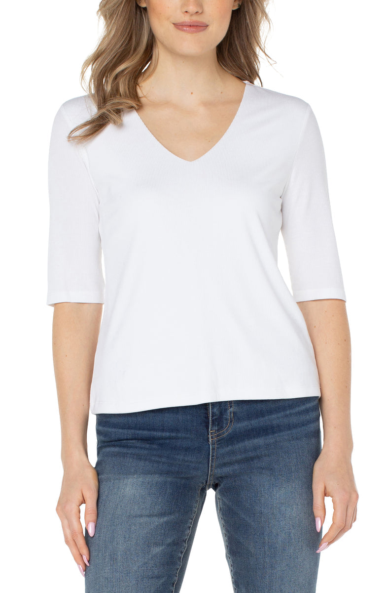 Double Layer V-Neck 1/2 Sleeve Rib Knit Top