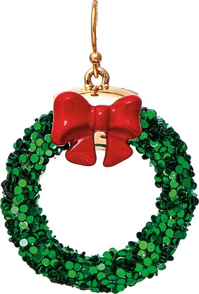 Green Glitter Wreath Red Bow Earring