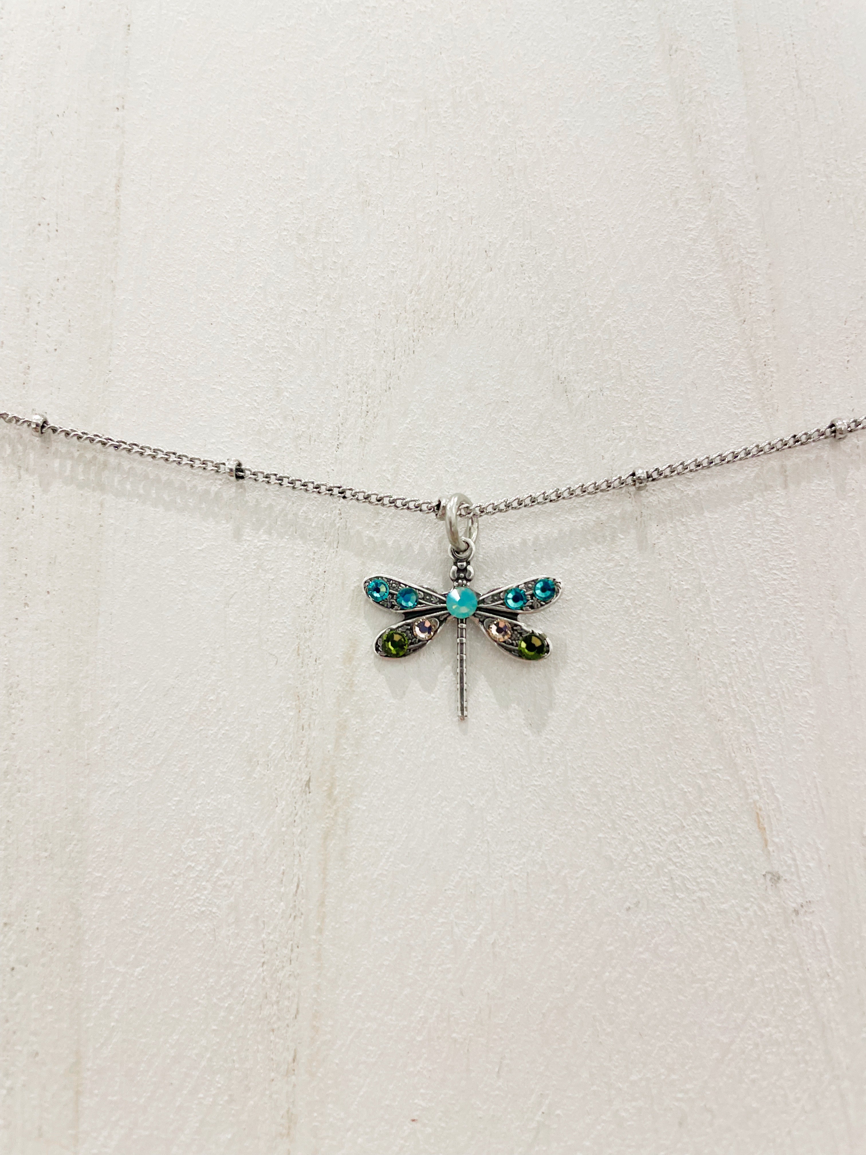 Bright Blue & Green Crystal Dragonfly Necklace